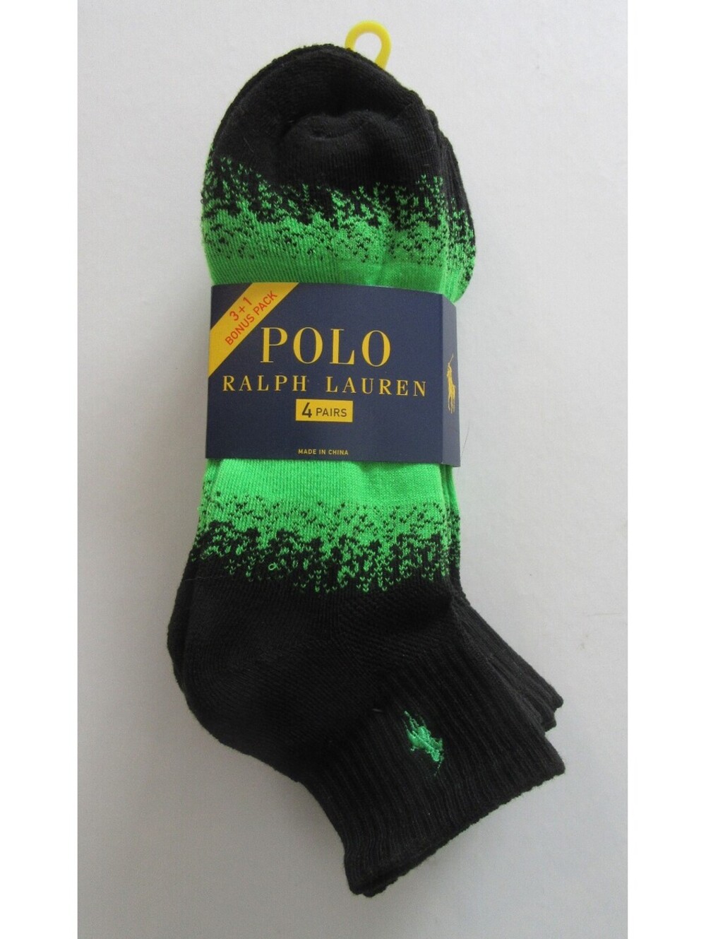 Polo Ralph Lauren Mens Quarter Crew Athletic Socks Black and Neon Green 4 pack